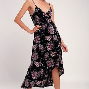 Lulus Black Floral Velvet Wrap Hi Low Dress - fall/winter wedding guest